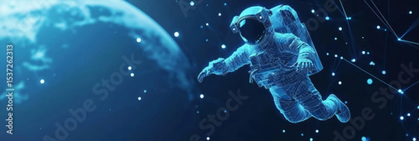 Fototapeta Astronaut floating in space, with Earth in the background, surrounded by glowing data streams