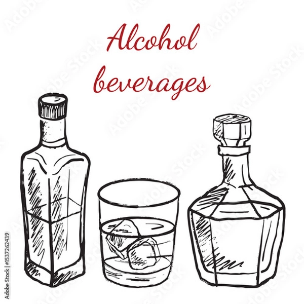 Fototapeta Alcohol beverages concept, glass bottles and drinking glass with ice cubes in black brush stroke texture isolated on white. Hand drawn vector sketch illustration in vintage charcoal ink.