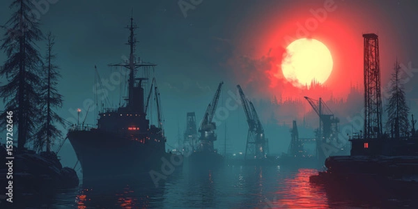 Fototapeta dockyard at night, with subtle lighting from ships and cranes.
