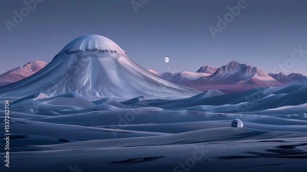 Obraz Vast, snowy peaks rise above a serene, sandy plain under a pale moon