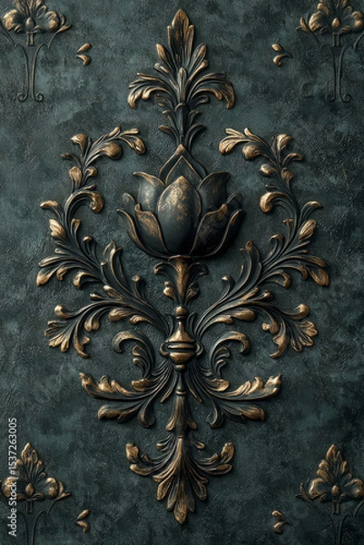 Fototapeta Abstract black and dark green vintage wallpaper texture with baroque floral elements