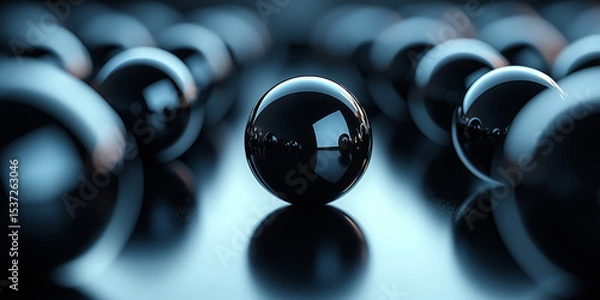 Fototapeta Abstract futuristic background with metallic spheres and smooth gradients on a dark minimalist surface