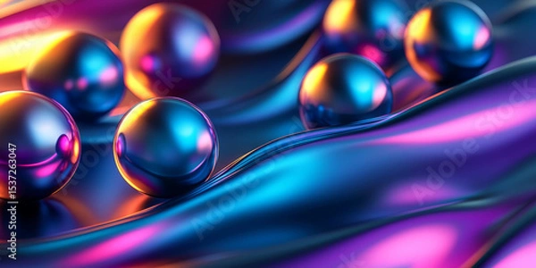 Fototapeta Abstract futuristic background with metallic spheres and smooth gradients on a dark minimalist surface