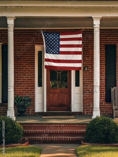 Obraz american flag displayed on a charming house porch