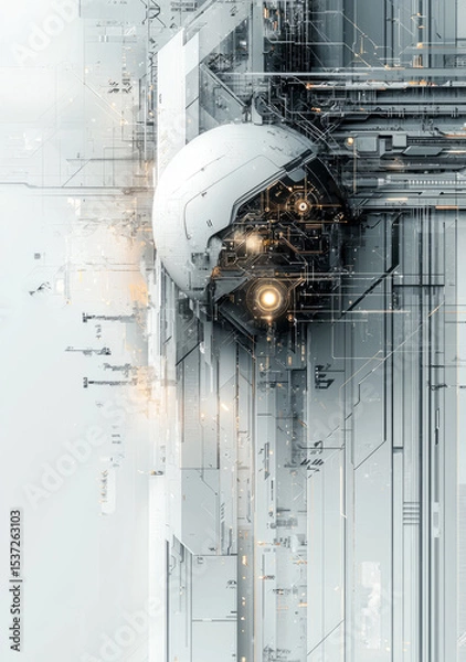 Fototapeta Abstract grey and white background with futuristic technical elements.