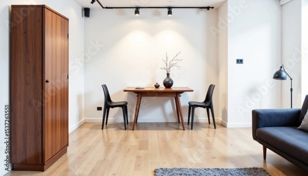 Fototapeta Modern minimalistic interior features foldable furniture decor ideas with wooden floor, white walls, and versatile seating. Concept of foldable furniture decor ideas emphasizing space optimization.