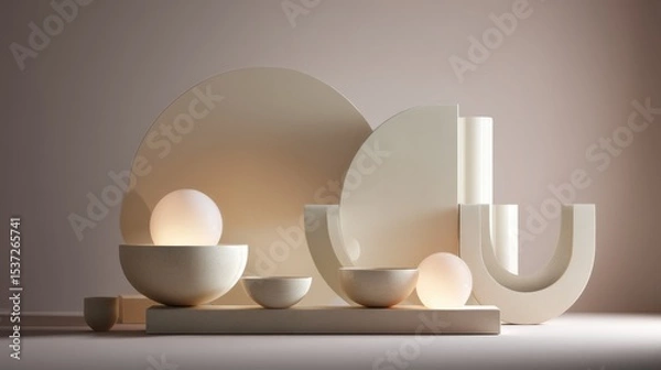 Obraz A modern arrangement of sculptural elements showcases various geometric forms in soft hues. The display features rounded shapes and illuminated spheres, enhancing the space's tranquility
