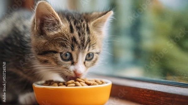 Fototapeta A small tabby kitten is happily eating from a yellow bowl filled with dry cat food, sitting by a window with soft sunlight casting a warm glow