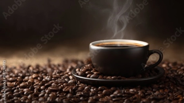 Fototapeta A steaming cup of coffee sits on a saucer surrounded by roasted coffee beans, creating a warm and inviting atmosphere perfect for enjoying a comforting beverage
