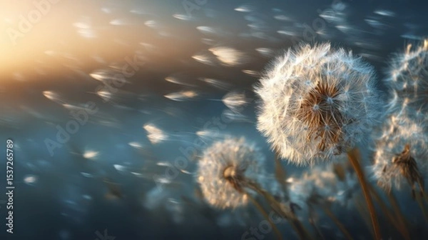 Fototapeta Dandelion seeds disperse in a soft wind as the sun sets, creating a serene atmosphere. This picturesque moment captures nature's beauty and tranquility in a quiet landscape