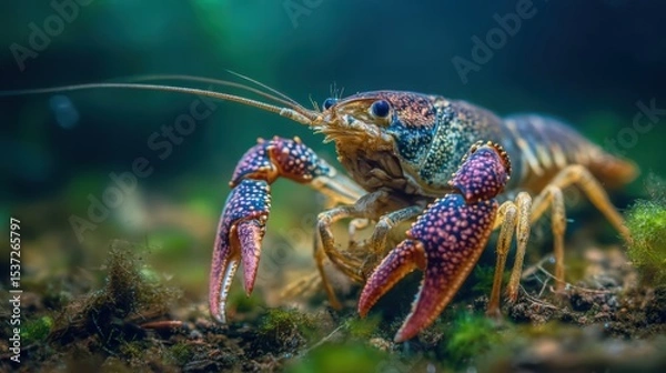 Fototapeta Cruising through a freshwater environment, a crayfish displays its striking colors and prominent claws against a natural backdrop, highlighting its habitat's beauty and complexity