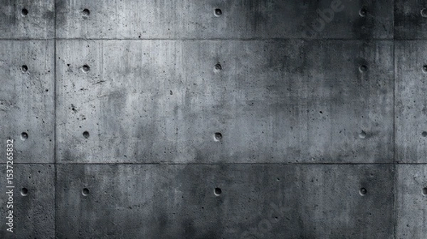 Fototapeta The picture displays a gray concrete wall characterized by a textured surface and evenly spaced small holes. The industrial aesthetic gives a modern appeal suitable for various design settings
