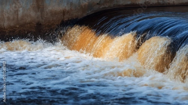 Fototapeta Water flows vigorously over a dam, producing waves and foam. The sunlight reflects off the water, creating a tranquil atmosphere in the natural surroundings