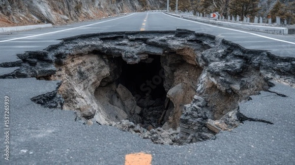 Fototapeta A significant sinkhole has developed on a mountain road, causing a hazardous situation. The surrounding scenery includes rocky cliffs and sparse vegetation, indicating challenging terrain