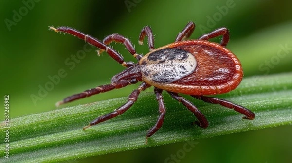 Fototapeta A tick is perched on a blade of grass, showcasing its detailed body and legs. The setting is a lush, green area, likely representing a forest or meadow during daytime