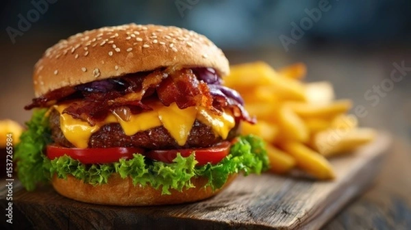 Fototapeta A delicious cheeseburger stacked with fresh lettuce, juicy beef patty, melted cheese, crispy bacon, and tomatoes is displayed with golden fries on a wooden platter