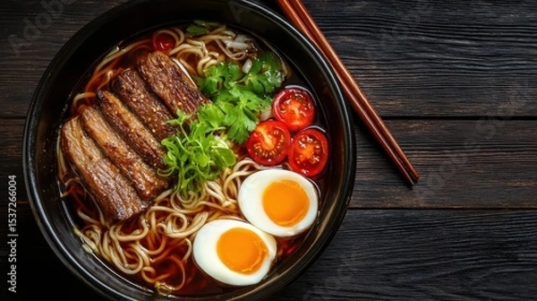 Fototapeta A tempting bowl of ramen features rich broth, tender slices of beef, and perfectly soft boiled eggs, topped with green herbs and vibrant cherry tomatoes, perfect for a comforting meal