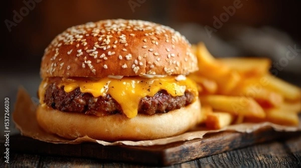 Fototapeta A mouthwatering cheeseburger topped with melted cheddar cheese rests on a sesame seed bun, accompanied by crispy fries. The setting features rustic wooden surfaces, creating a cozy dining atmosphere