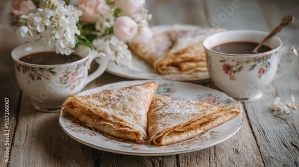 Fototapeta Homemade pancakes are neatly arranged on elegant plates next to cups of coffee. A beautiful bouquet of flowers adds charm to the cozy wooden table setting, creating a warm atmosphere