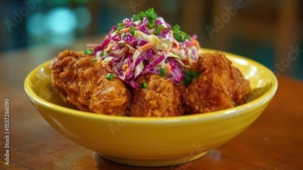 Fototapeta A delicious plate features crispy fried chicken pieces topped with fresh coleslaw. The meal is served in a bright yellow bowl against a warm, inviting background