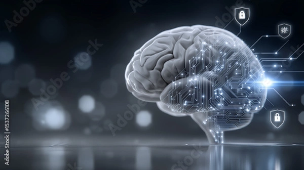 Obraz Digital Brain with Security: A highly detailed 3D render depicts a glowing digital brain integrated with secure digital pathways, sparking thoughts on the future of information and AI.