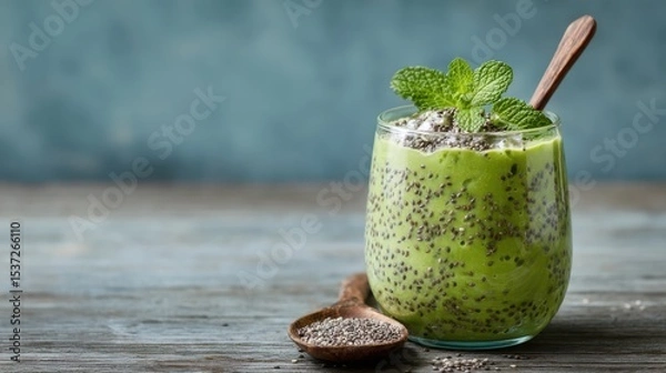 Fototapeta A vibrant green smoothie made with fresh ingredients is topped with chia seeds and mint leaves. It is served in a clear glass beside a wooden spoon filled with chia seeds