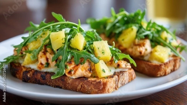 Fototapeta Two slices of grilled bread topped with well-seasoned salmon, diced pineapple, and a generous amount of arugula are displayed on a plate. The cozy atmosphere of the café enhances the delightful meal