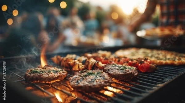 Fototapeta Friends gather around a grill during sunset, enjoying a vibrant barbecue with sizzling burgers and colorful skewered vegetables. The warm glow enhances the festive atmosphere