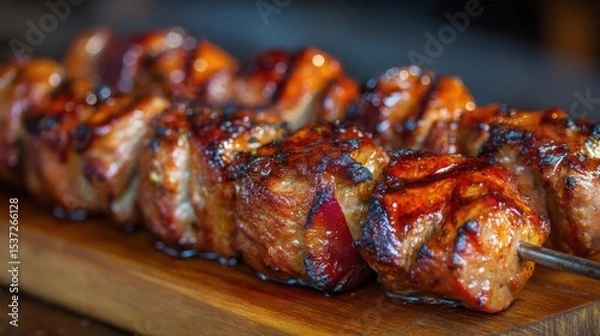 Fototapeta A platter showcases juicy grilled meat skewers glistening with marinade under the sunlight. These skewers are perfect for sharing at a summer barbecue, highlighting community and culinary joy