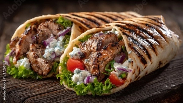 Fototapeta A colorful display of grilled wraps showcases marinated meat, crisp lettuce, diced tomatoes, and onions