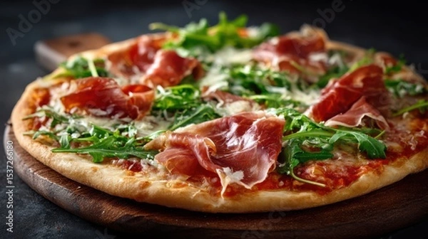 Fototapeta A mouthwatering pizza features a light crust adorned with savory prosciutto and vibrant arugula. The appetizing toppings rest on a rich tomato sauce and melted cheese at a charming eatery