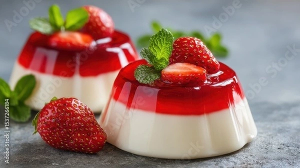 Fototapeta Two exquisite dessert cups feature smooth panna cotta topped with vibrant red raspberry sauce and garnished with fresh strawberries and mint leaves, creating a visually appealing treat