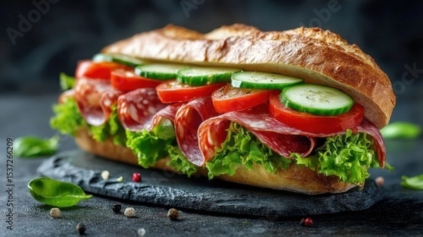 Fototapeta A delicious sandwich filled with layers of salami, fresh cucumber, and ripe tomato, placed on a dark stone surface. The crusty bread is complemented by crisp lettuce and spices
