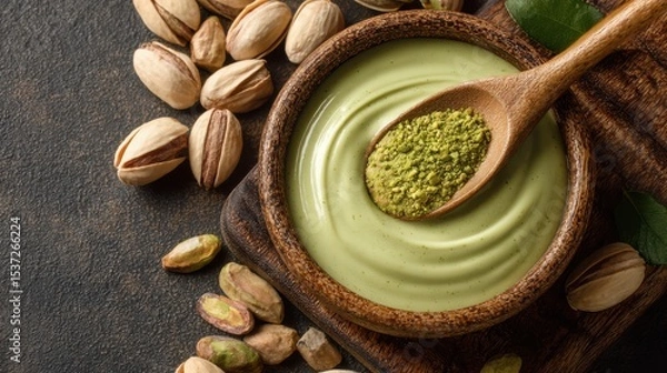Fototapeta A rich green pistachio spread is showcased in a wooden bowl, accompanied by whole pistachios. A wooden spoon rests on top, suggesting a fresh and creamy texture perfect for spreading