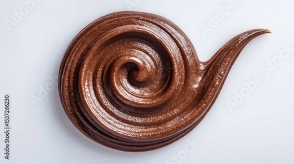 Fototapeta Rich chocolate is expertly swirled on a clean surface, showcasing a glossy finish and appealing texture. This creation is perfect for garnishing cakes or pastries