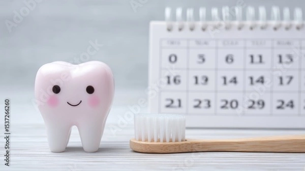 Fototapeta A cheerful tooth figurine with a smiling face sits next to a wooden toothbrush and a calendar displaying dates for dental appointments and reminders about oral hygiene