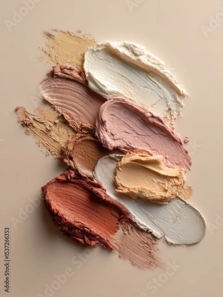 Fototapeta Various shades of creamy cosmetic products are artistically arranged on a neutral surface, showcasing rich textures and colors that blend beautifully together