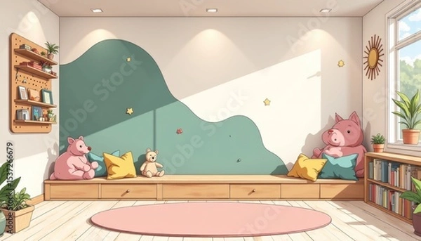 Fototapeta Cozy kids playroom home design with pastel green walls, large window, pink bears on bench, and colorful pillows. Concept of kids playroom home design with warm interior elements.