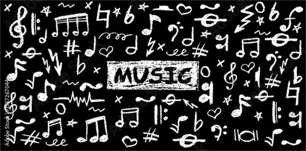 Fototapeta Handwritten pop vector background with charcoal scribble music icons. Playful and dynamic style perfect for school music-themed graphics. Cute childish music kindergarten white pastel wax pencil signs