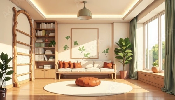 Fototapeta Kids playroom home design with cozy elements, wooden floor, bright colors, playful decor, inviting atmosphere. Concept of kids playroom home design combining fun and warmth. 