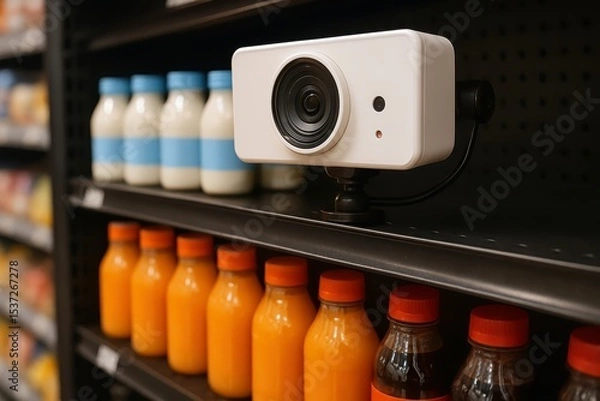 Fototapeta Smart camera monitoring products on supermarket shelves