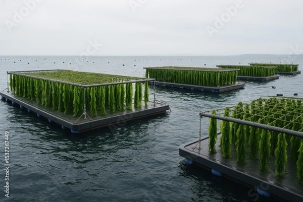 Fototapeta Kelp farming platforms floating on calm water, sustainable seaweed aquaculture