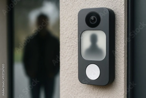 Fototapeta Modern smart doorbell with camera and button, increasing home security