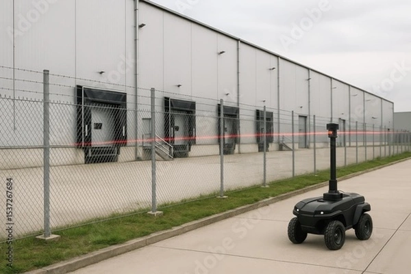 Fototapeta Autonomous robot patrolling warehouse perimeter with laser scanner