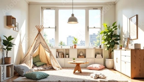 Fototapeta Bright sunlit kids playroom home design with large window, cozy atmosphere, wooden table, and teepee. Concept of kids playroom home design emphasizes modern, inviting interior.