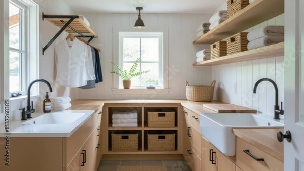 Fototapeta Modern minimalist laundry room design ideas featuring wooden cabinets, white sinks, shelves with folded towels. Concept of warm, inviting laundry room design ideas with bright, airy space.
