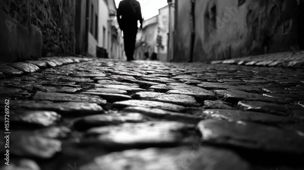Fototapeta Cobblestone Alleyway; Person Walking; Historic Town; Grainy Background
