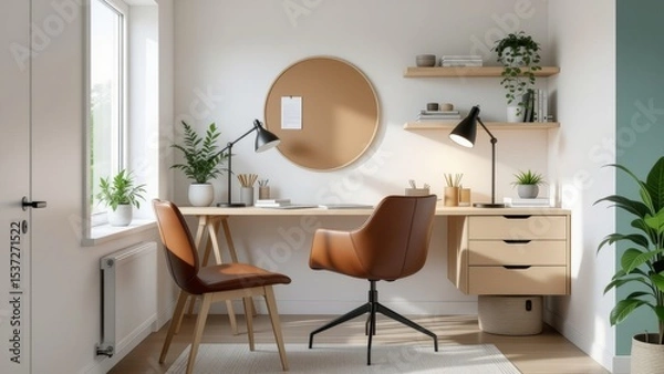 Fototapeta Modern minimalist home office showcasing clean lines, wooden desk, leather chairs, potted plants. Concept of inviting space embodying scandinavian house style trends, interior, simplicity.