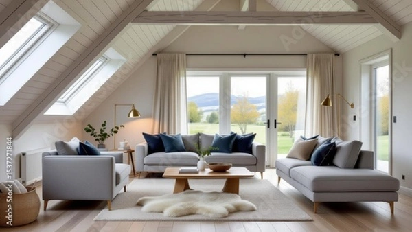 Fototapeta Bright sunlit living room showcasing scandinavian house style trends, featuring cozy sofas, wooden elements, and large windows. Concept of scandinavian house style trends in interior design.