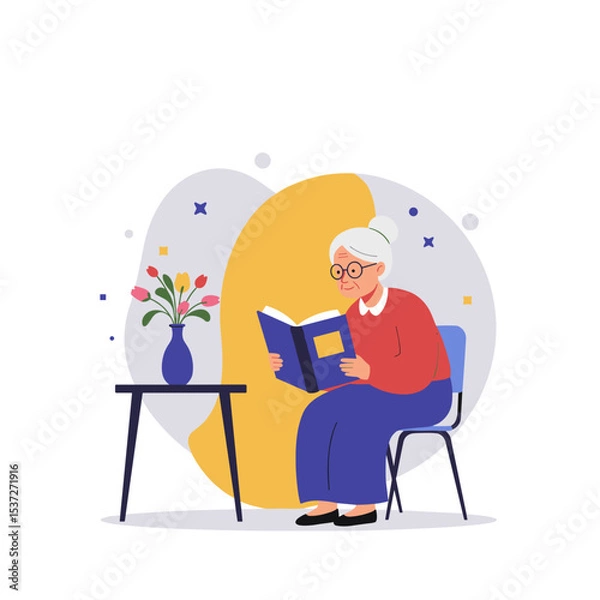 Obraz Elderly woman reading open book while sitting in chair with flowers  